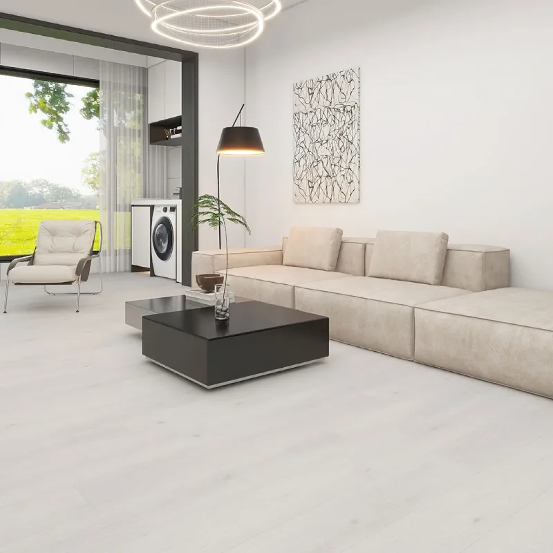 Buy Amsterdam White SPC Flooring for bright interiors, featuring pale boards and a crisp modern look