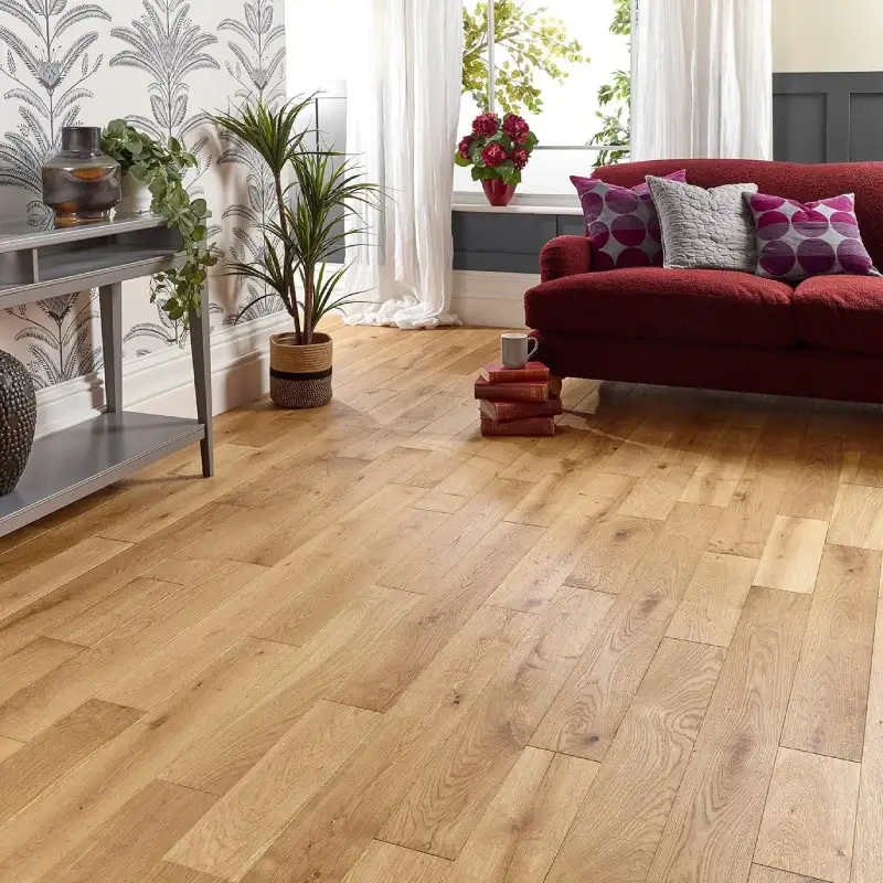 Natural oak plank flooring with realistic wood grain, warm tones, and a premium finish for interiors