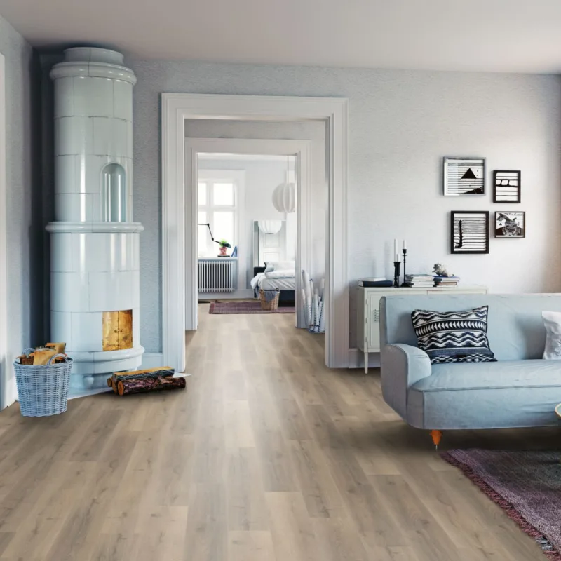 Warm greige oak flooring with soft neutral tones, natural wood grain, and an elegant modern finish style